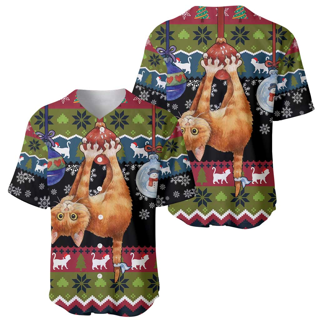 Cat Hanging on Xmas Tree Christmas Baseball Jersey Xmas Holiday Patterns - Wonder Print Shop