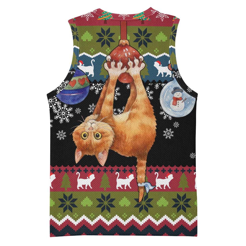 Cat Hanging on Xmas Tree Christmas Basketball Jersey Xmas Holiday Patterns - Wonder Print Shop