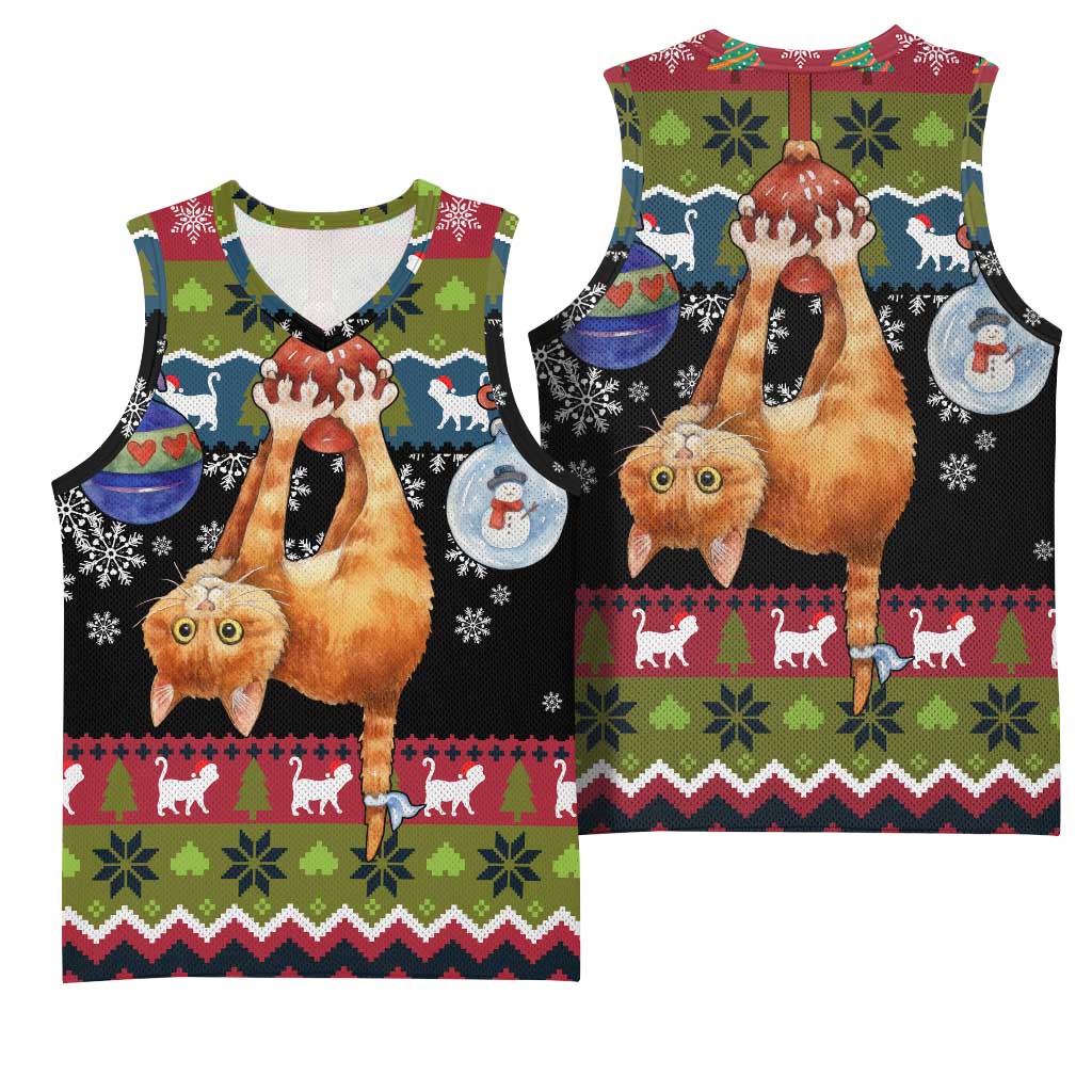 Cat Hanging on Xmas Tree Christmas Basketball Jersey Xmas Holiday Patterns - Wonder Print Shop