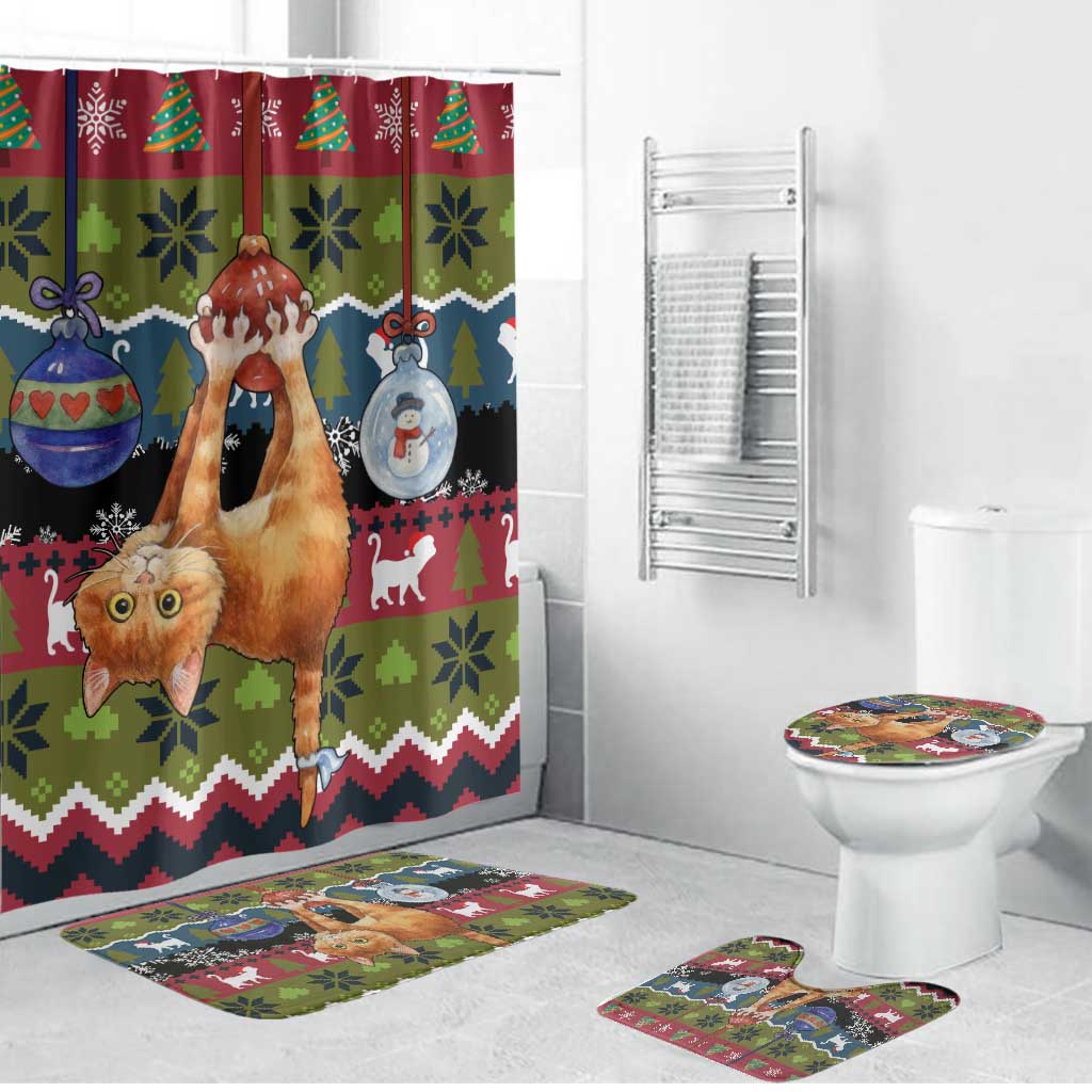 Cat Hanging on Xmas Tree Christmas Bathroom Set Xmas Holiday Patterns - Wonder Print Shop