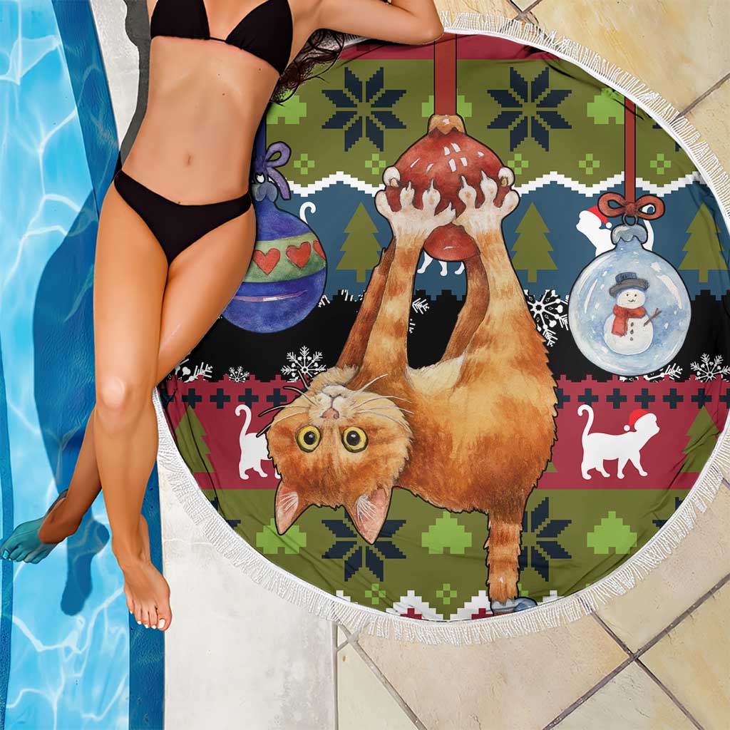 Cat Hanging on Xmas Tree Christmas Beach Blanket Xmas Holiday Patterns - Wonder Print Shop