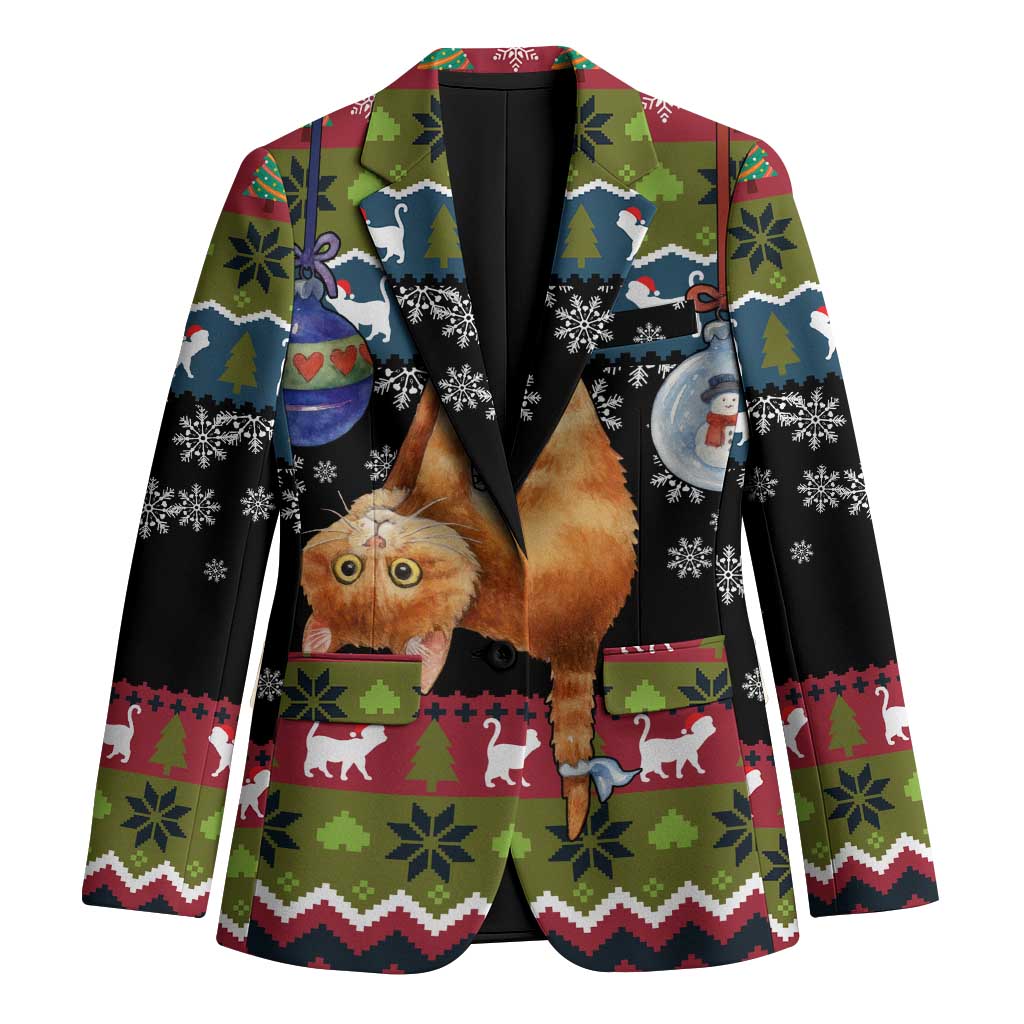 Cat Hanging on Xmas Tree Christmas Blazer Xmas Holiday Patterns - Wonder Print Shop
