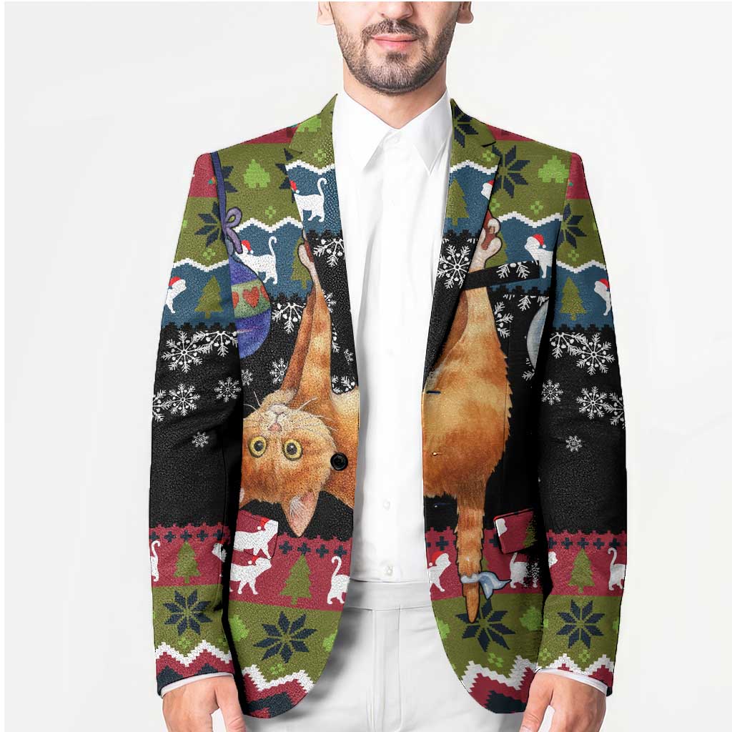 Cat Hanging on Xmas Tree Christmas Blazer Xmas Holiday Patterns - Wonder Print Shop