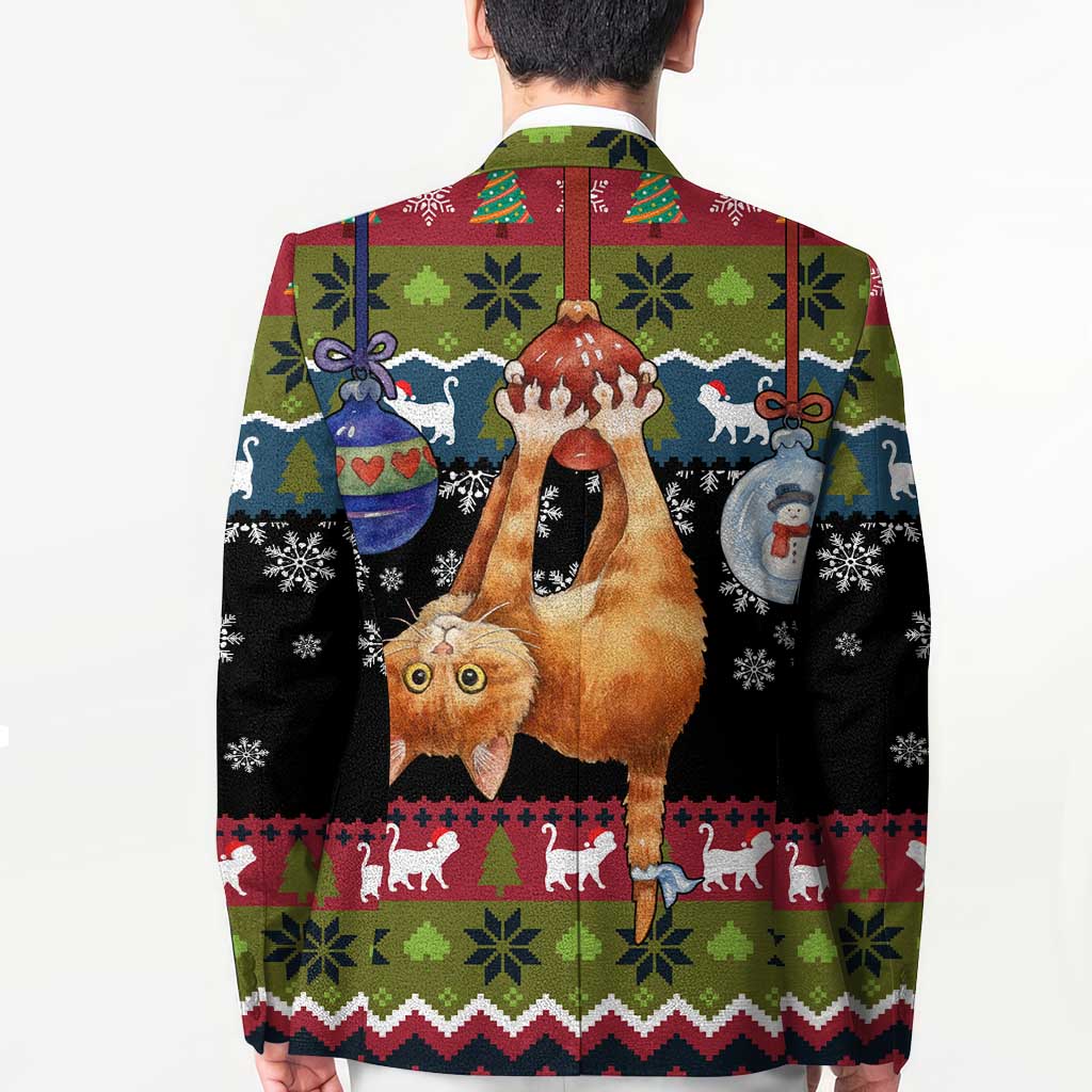 Cat Hanging on Xmas Tree Christmas Blazer Xmas Holiday Patterns - Wonder Print Shop