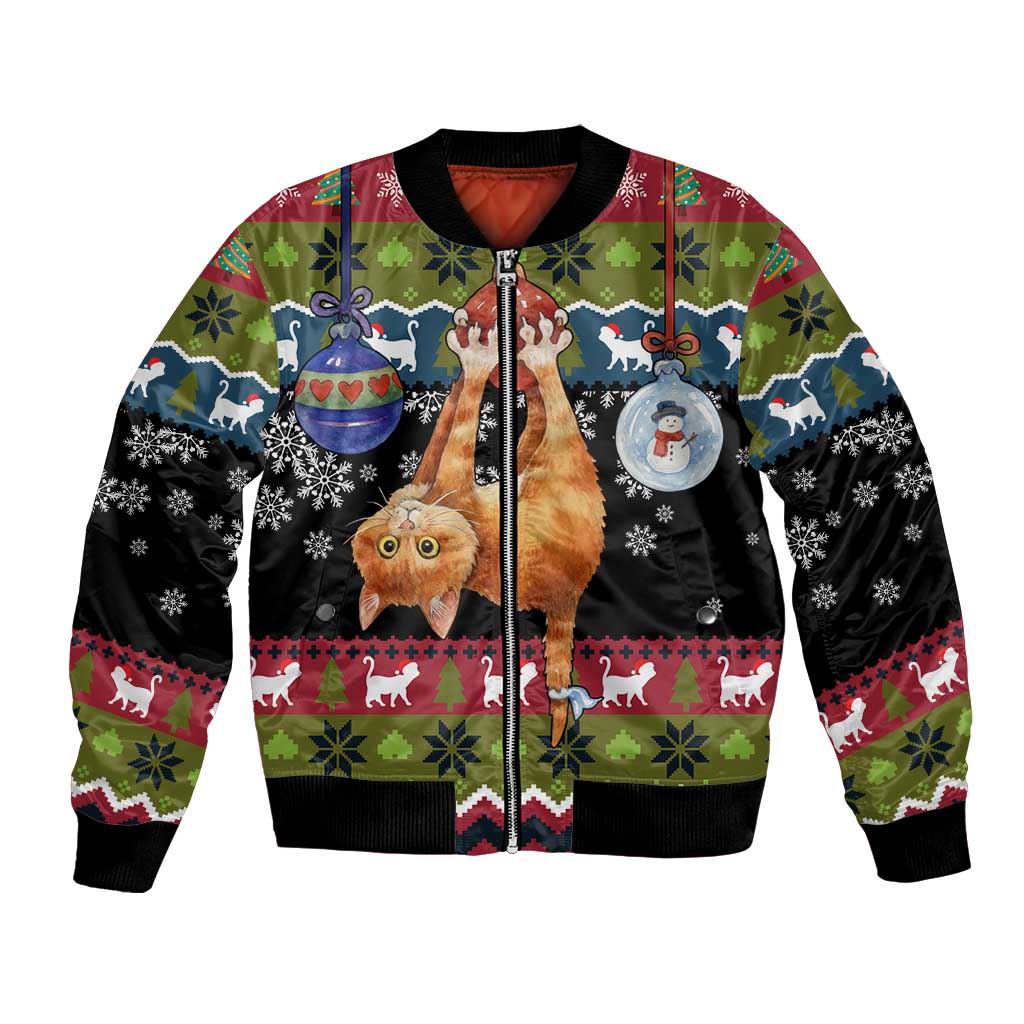 Cat Hanging on Xmas Tree Christmas Bomber Jacket Xmas Holiday Patterns - Wonder Print Shop