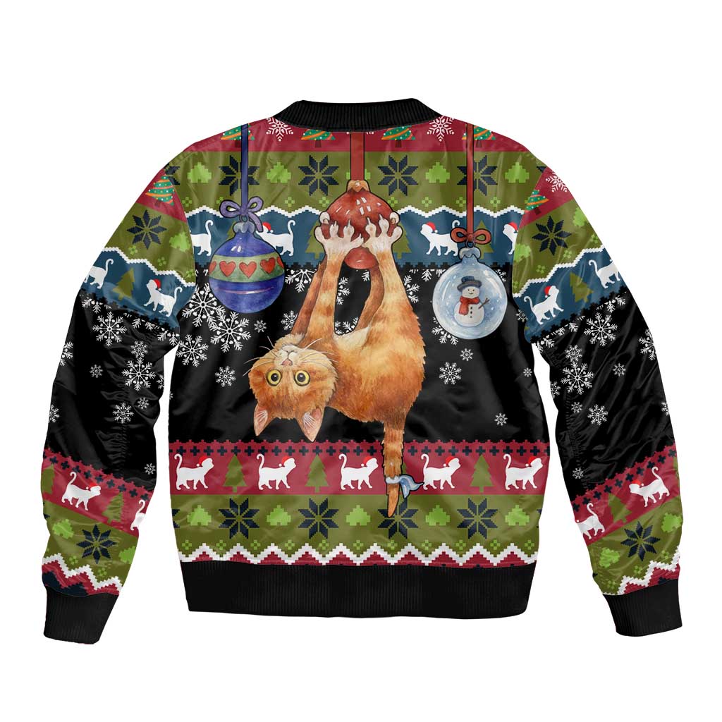 Cat Hanging on Xmas Tree Christmas Bomber Jacket Xmas Holiday Patterns - Wonder Print Shop