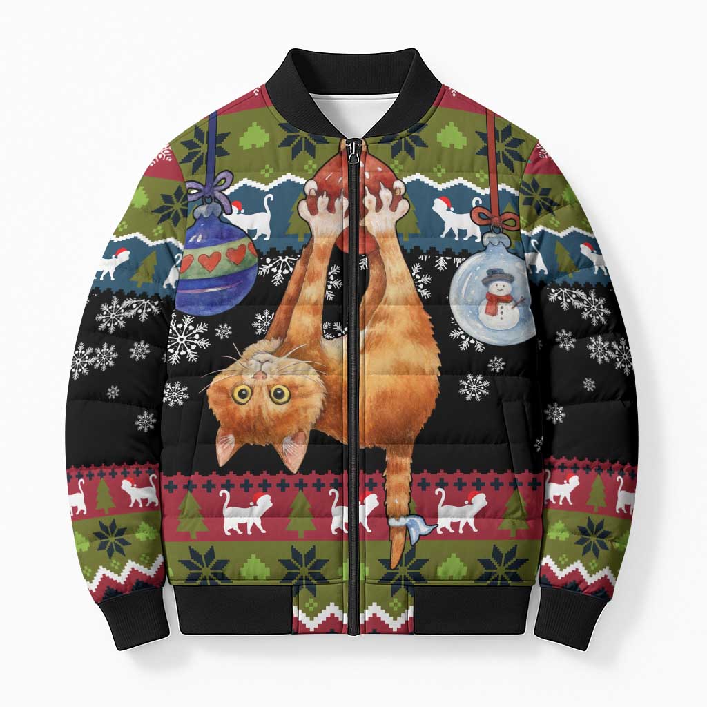Cat Hanging on Xmas Tree Christmas Bomber Puffer Jacket Xmas Holiday Patterns - Wonder Print Shop