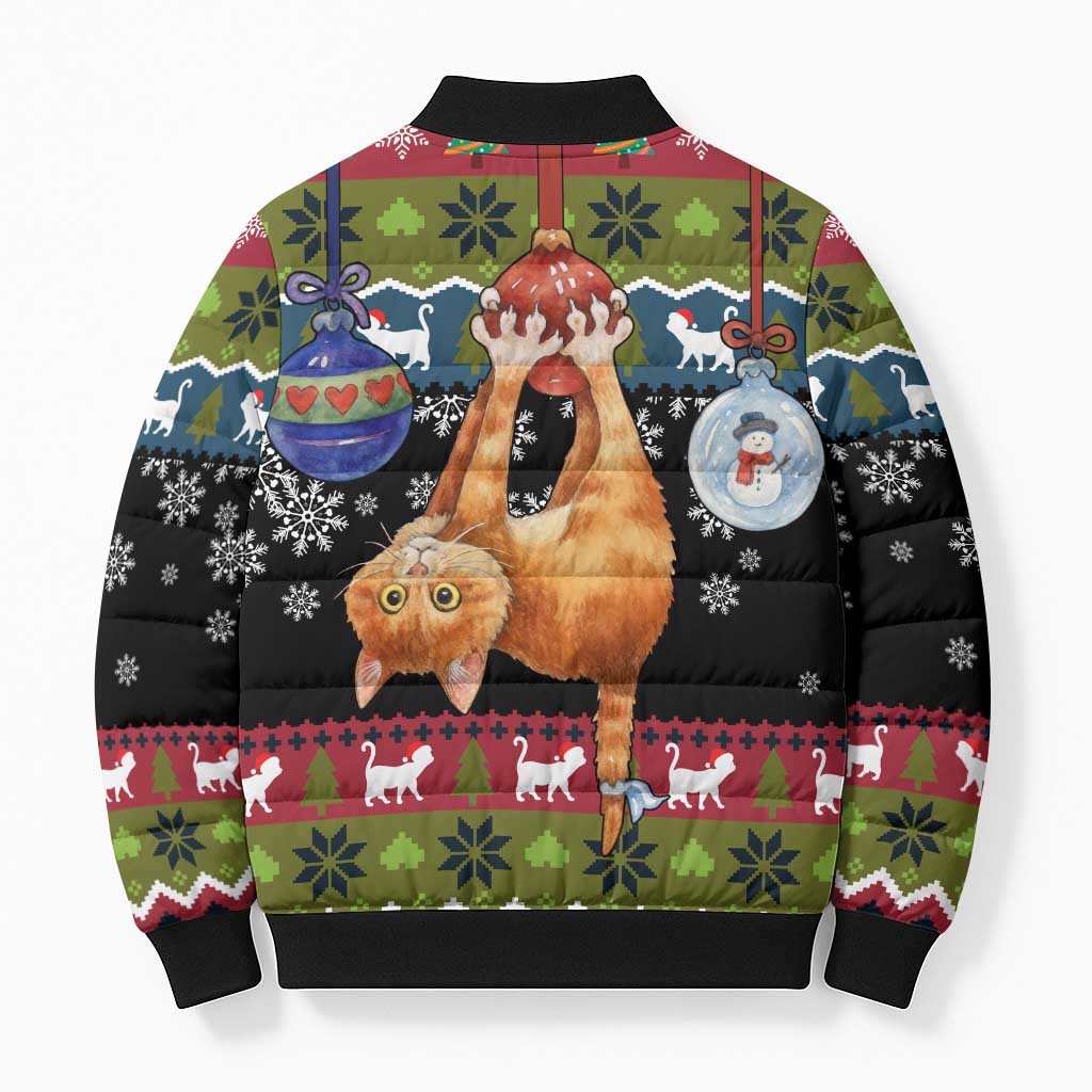 Cat Hanging on Xmas Tree Christmas Bomber Puffer Jacket Xmas Holiday Patterns - Wonder Print Shop