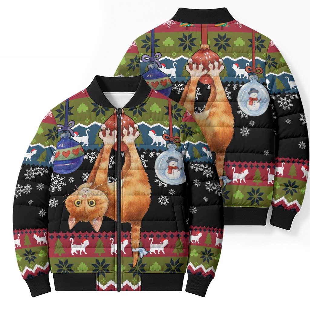 Cat Hanging on Xmas Tree Christmas Bomber Puffer Jacket Xmas Holiday Patterns - Wonder Print Shop