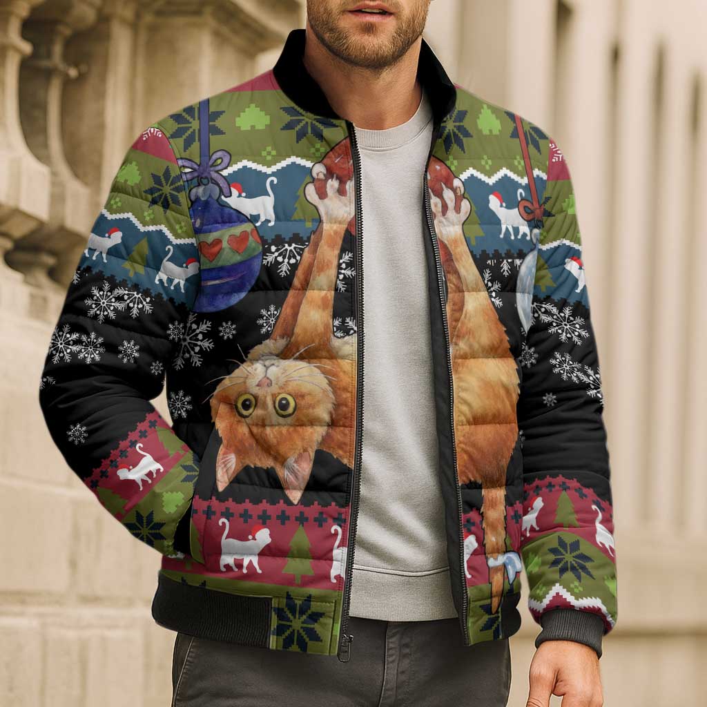 Cat Hanging on Xmas Tree Christmas Bomber Puffer Jacket Xmas Holiday Patterns - Wonder Print Shop