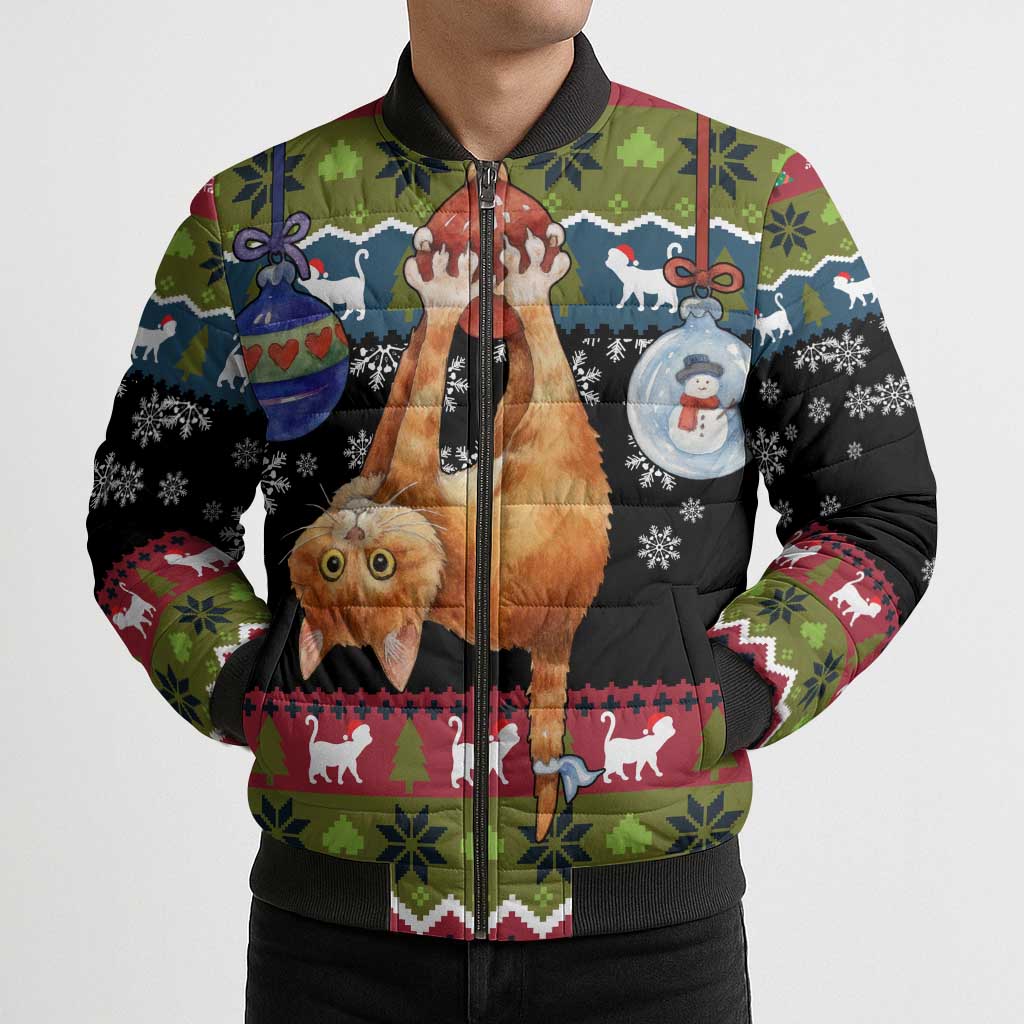 Cat Hanging on Xmas Tree Christmas Bomber Puffer Jacket Xmas Holiday Patterns - Wonder Print Shop