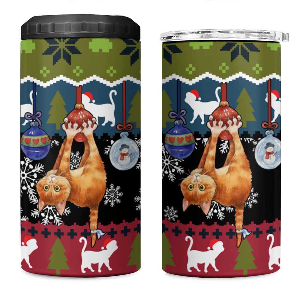 Cat Hanging on Xmas Tree Christmas 4 in 1 Can Cooler Tumbler Xmas Holiday Patterns - Wonder Print Shop