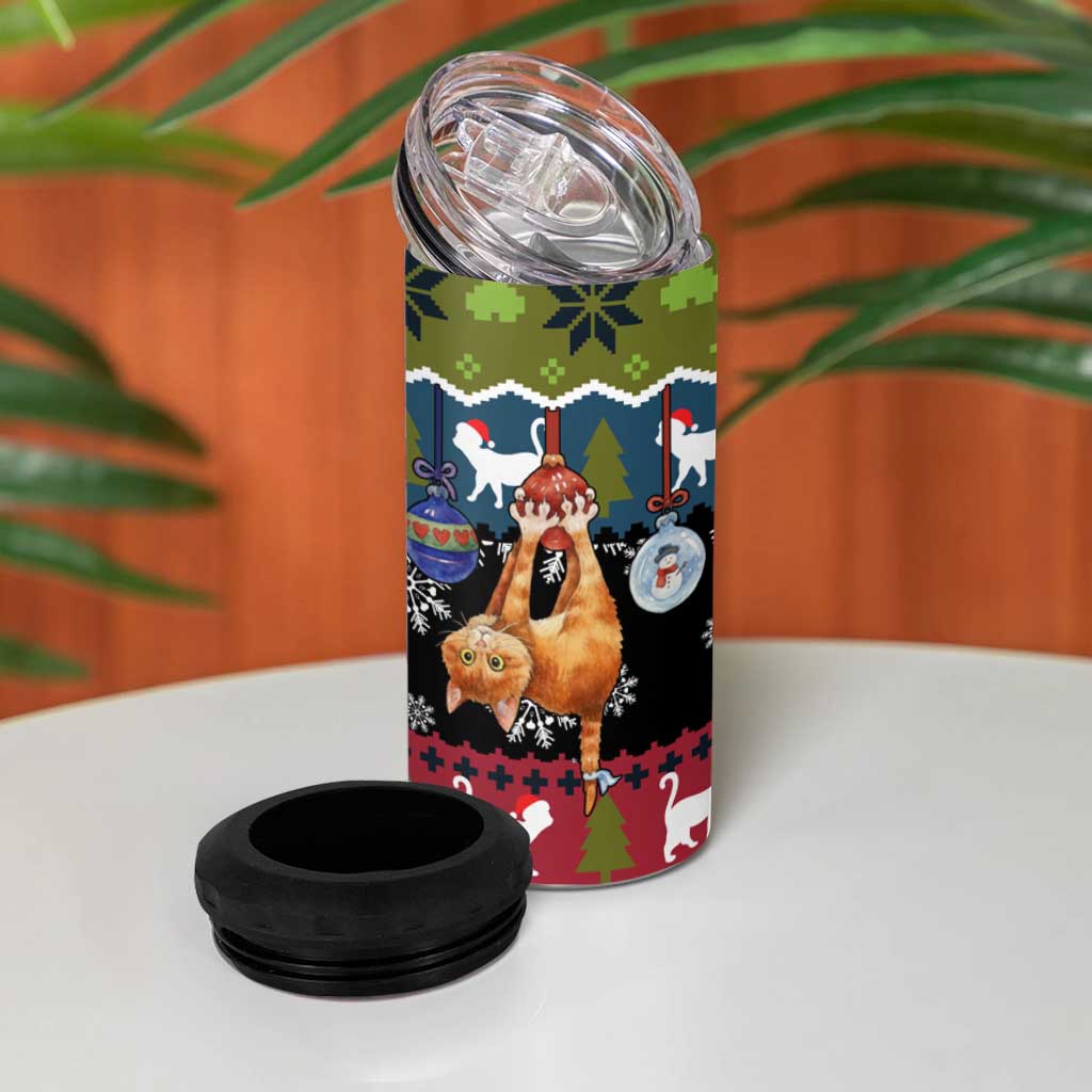 Cat Hanging on Xmas Tree Christmas 4 in 1 Can Cooler Tumbler Xmas Holiday Patterns - Wonder Print Shop