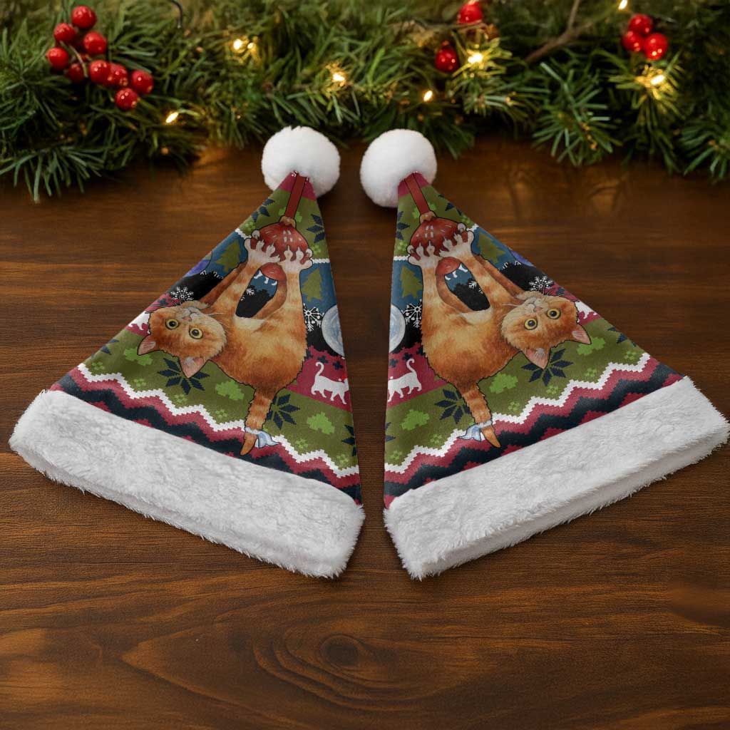 Cat Hanging on Xmas Tree Christmas Santa Hat Xmas Holiday Patterns - Wonder Print Shop