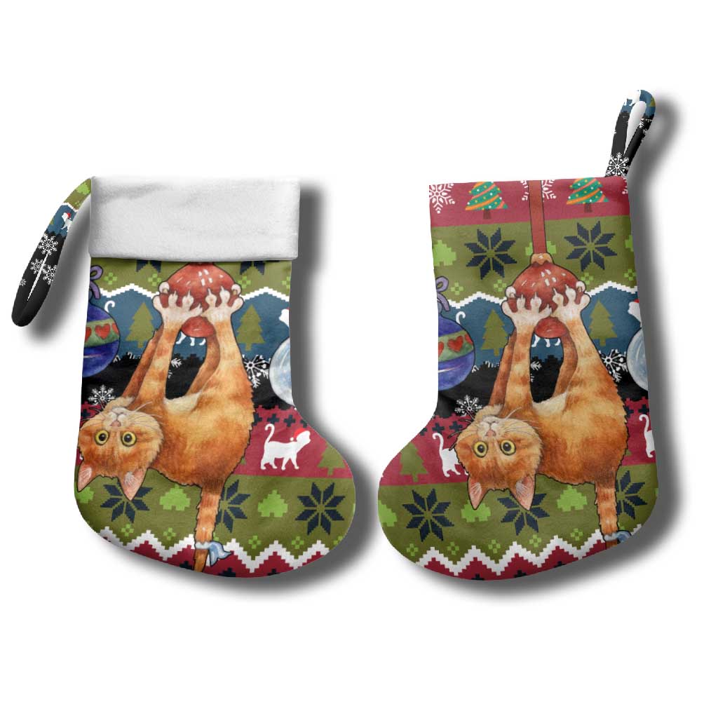 Cat Hanging on Xmas Tree Christmas Stocking Xmas Holiday Patterns - Wonder Print Shop