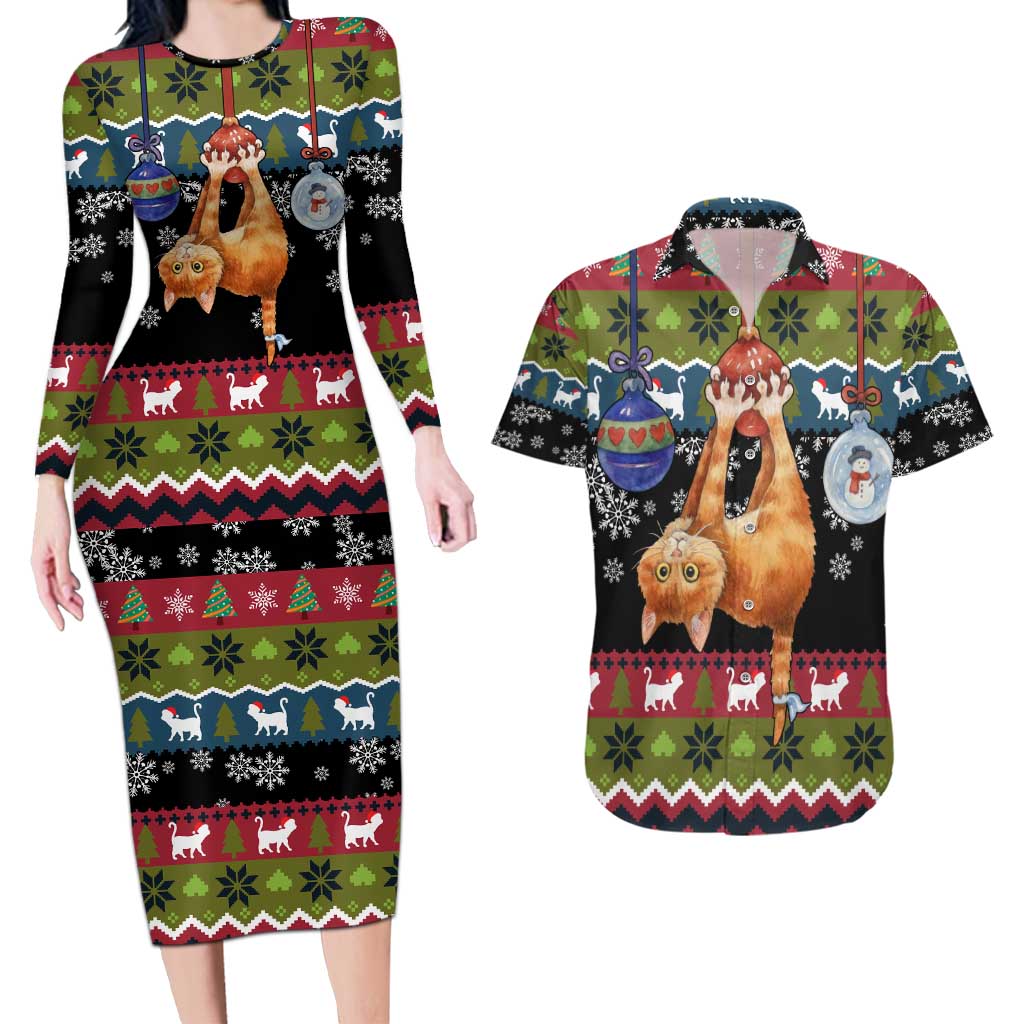 Cat Hanging on Xmas Tree Christmas Couples Matching Long Sleeve Bodycon Dress and Hawaiian Shirt Xmas Holiday Patterns - Wonder Print Shop