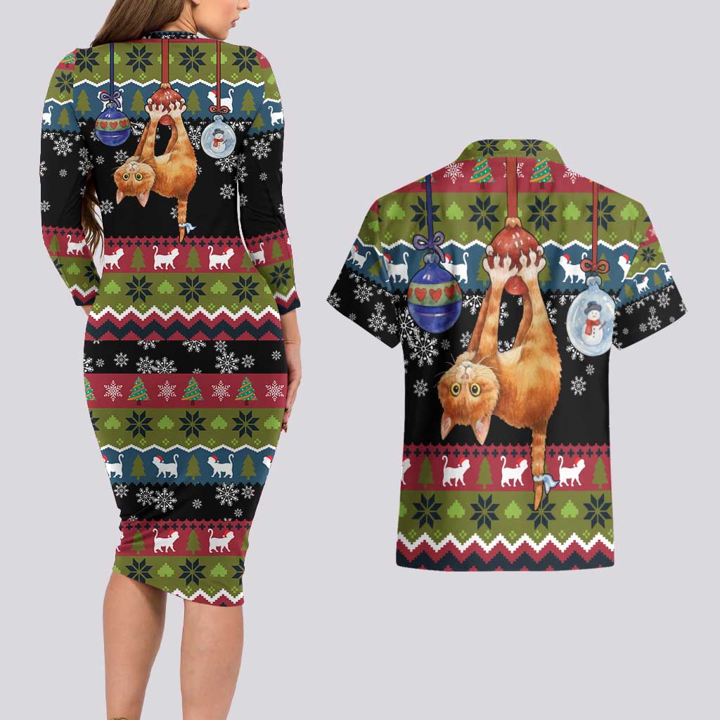 Cat Hanging on Xmas Tree Christmas Couples Matching Long Sleeve Bodycon Dress and Hawaiian Shirt Xmas Holiday Patterns - Wonder Print Shop