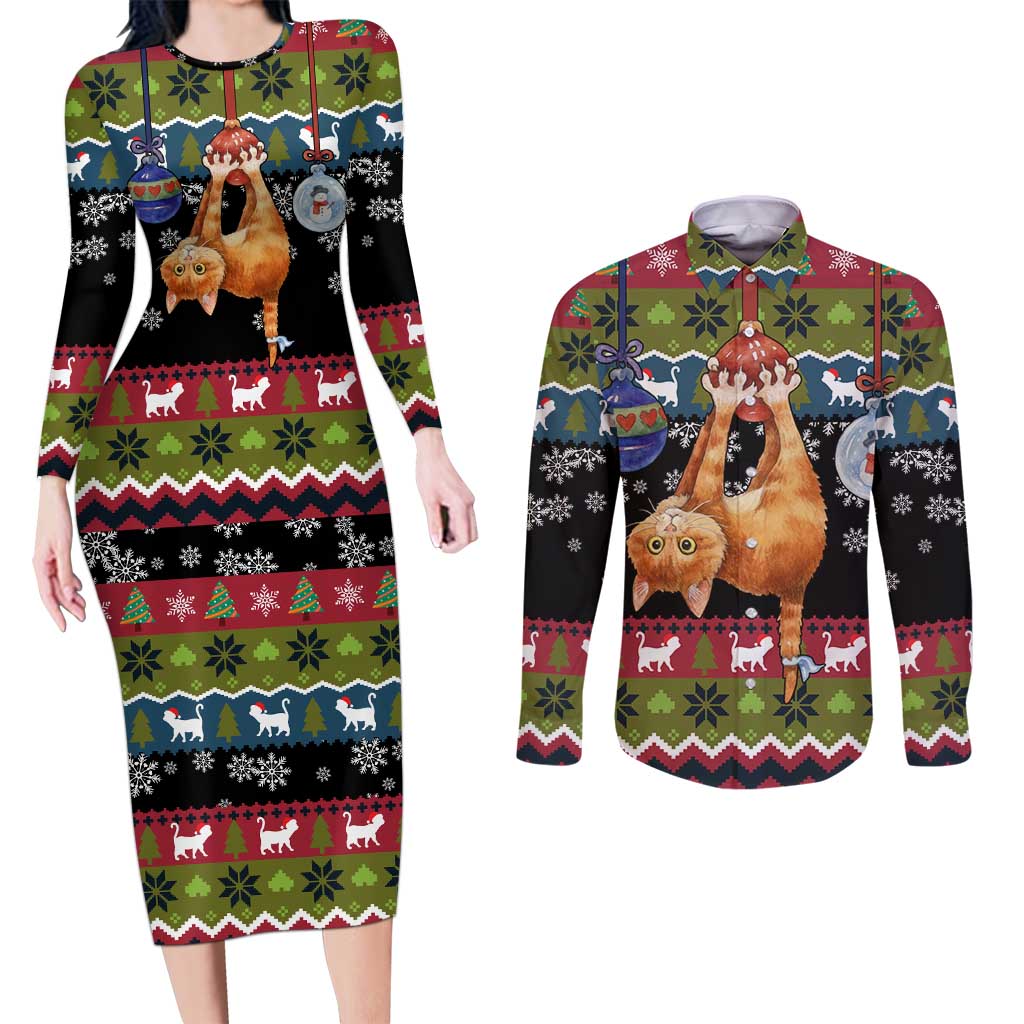 Cat Hanging on Xmas Tree Christmas Couples Matching Long Sleeve Bodycon Dress and Long Sleeve Button Shirt Xmas Holiday Patterns - Wonder Print Shop