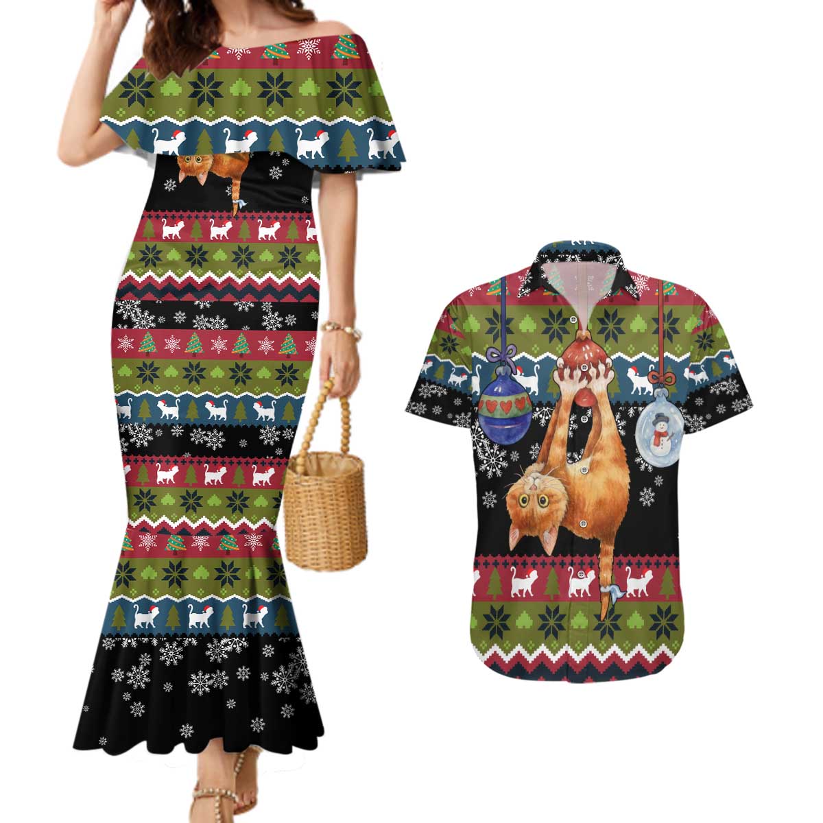 Cat Hanging on Xmas Tree Christmas Couples Matching Mermaid Dress and Hawaiian Shirt Xmas Holiday Patterns - Wonder Print Shop