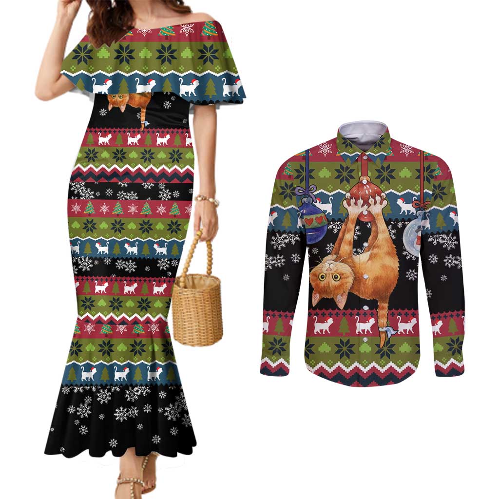 Cat Hanging on Xmas Tree Christmas Couples Matching Mermaid Dress and Long Sleeve Button Shirt Xmas Holiday Patterns - Wonder Print Shop