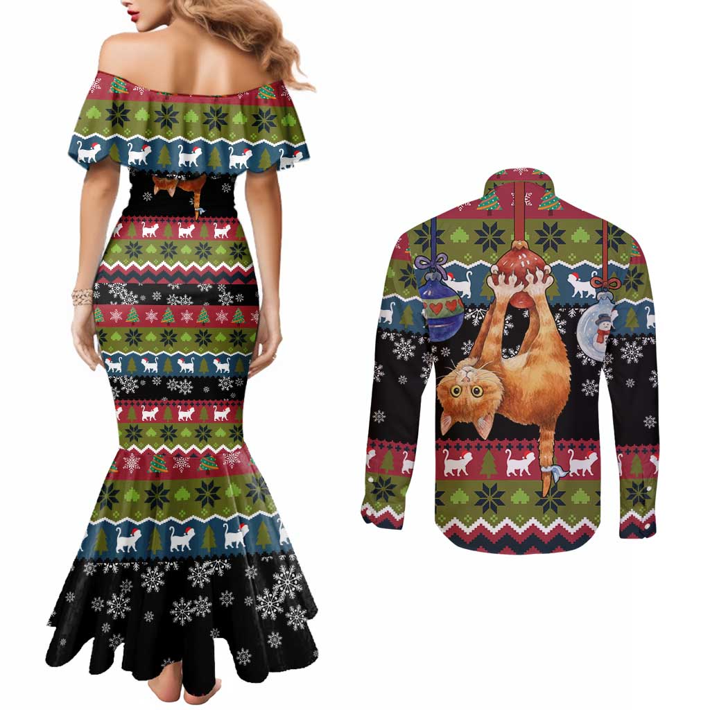 Cat Hanging on Xmas Tree Christmas Couples Matching Mermaid Dress and Long Sleeve Button Shirt Xmas Holiday Patterns - Wonder Print Shop