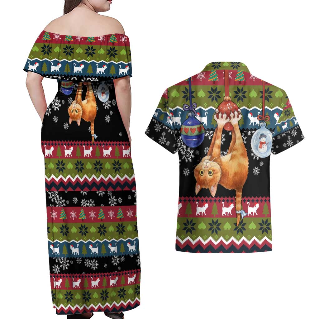 Cat Hanging on Xmas Tree Christmas Couples Matching Off Shoulder Maxi Dress and Hawaiian Shirt Xmas Holiday Patterns - Wonder Print Shop