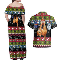Cat Hanging on Xmas Tree Christmas Couples Matching Off Shoulder Maxi Dress and Hawaiian Shirt Xmas Holiday Patterns - Wonder Print Shop