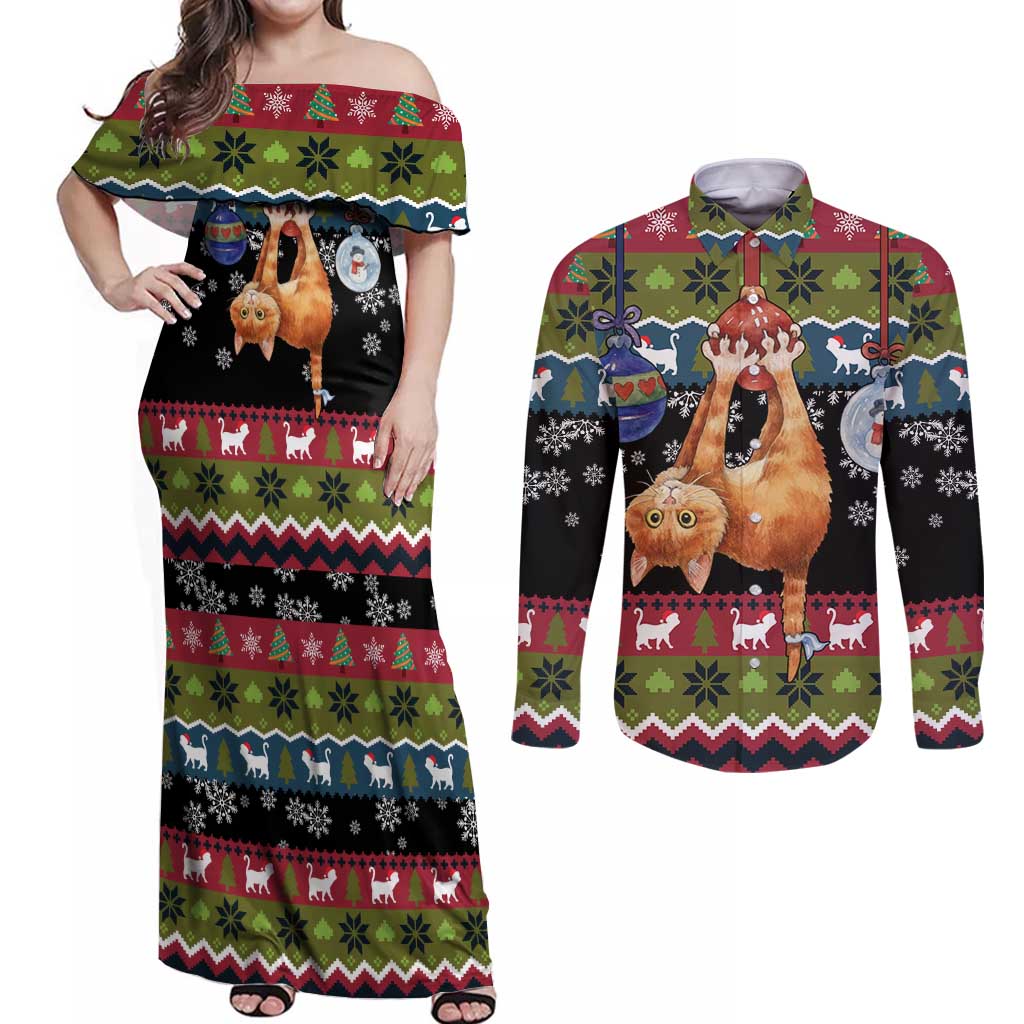 Cat Hanging on Xmas Tree Christmas Couples Matching Off Shoulder Maxi Dress and Long Sleeve Button Shirt Xmas Holiday Patterns - Wonder Print Shop