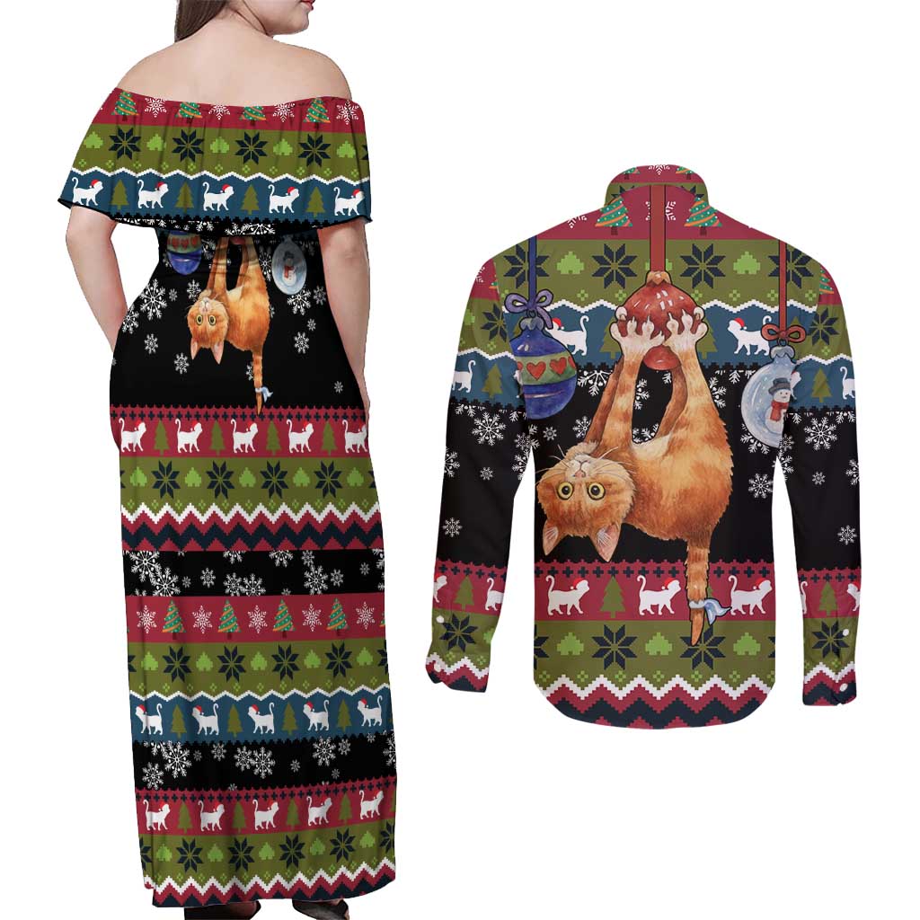 Cat Hanging on Xmas Tree Christmas Couples Matching Off Shoulder Maxi Dress and Long Sleeve Button Shirt Xmas Holiday Patterns - Wonder Print Shop