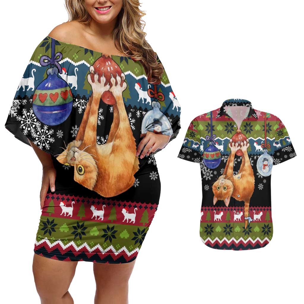 Cat Hanging on Xmas Tree Christmas Couples Matching Off Shoulder Short Dress and Hawaiian Shirt Xmas Holiday Patterns - Wonder Print Shop
