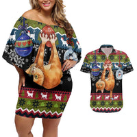 Cat Hanging on Xmas Tree Christmas Couples Matching Off Shoulder Short Dress and Hawaiian Shirt Xmas Holiday Patterns - Wonder Print Shop