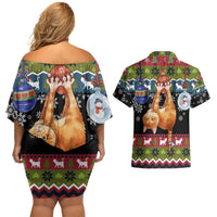 Cat Hanging on Xmas Tree Christmas Couples Matching Off Shoulder Short Dress and Hawaiian Shirt Xmas Holiday Patterns - Wonder Print Shop