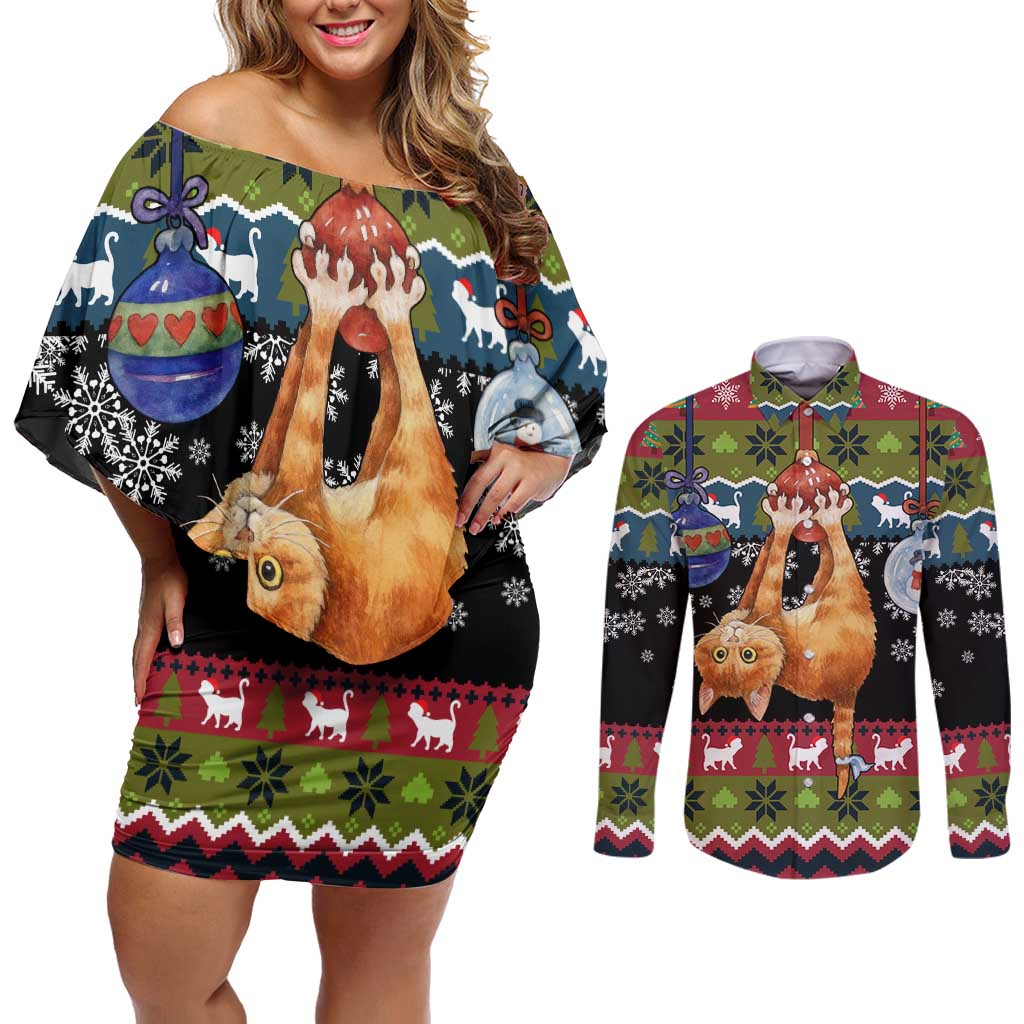 Cat Hanging on Xmas Tree Christmas Couples Matching Off Shoulder Short Dress and Long Sleeve Button Shirt Xmas Holiday Patterns - Wonder Print Shop
