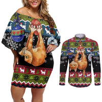 Cat Hanging on Xmas Tree Christmas Couples Matching Off Shoulder Short Dress and Long Sleeve Button Shirt Xmas Holiday Patterns - Wonder Print Shop