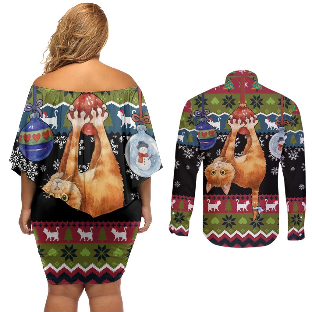 Cat Hanging on Xmas Tree Christmas Couples Matching Off Shoulder Short Dress and Long Sleeve Button Shirt Xmas Holiday Patterns - Wonder Print Shop