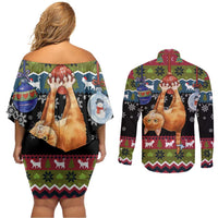Cat Hanging on Xmas Tree Christmas Couples Matching Off Shoulder Short Dress and Long Sleeve Button Shirt Xmas Holiday Patterns - Wonder Print Shop
