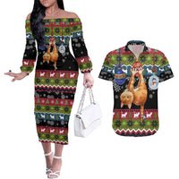 Cat Hanging on Xmas Tree Christmas Couples Matching Off The Shoulder Long Sleeve Dress and Hawaiian Shirt Xmas Holiday Patterns - Wonder Print Shop