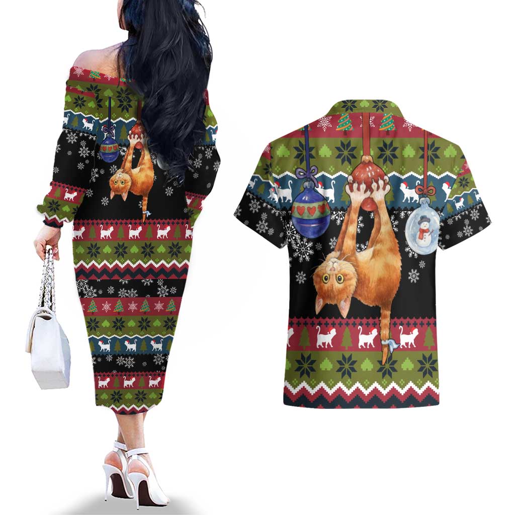 Cat Hanging on Xmas Tree Christmas Couples Matching Off The Shoulder Long Sleeve Dress and Hawaiian Shirt Xmas Holiday Patterns - Wonder Print Shop