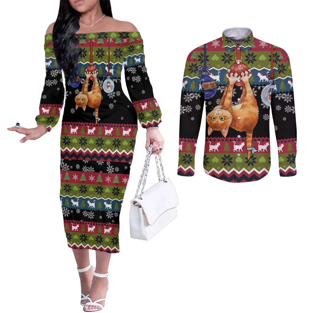 Cat Hanging on Xmas Tree Christmas Couples Matching Off The Shoulder Long Sleeve Dress and Long Sleeve Button Shirt Xmas Holiday Patterns - Wonder Print Shop