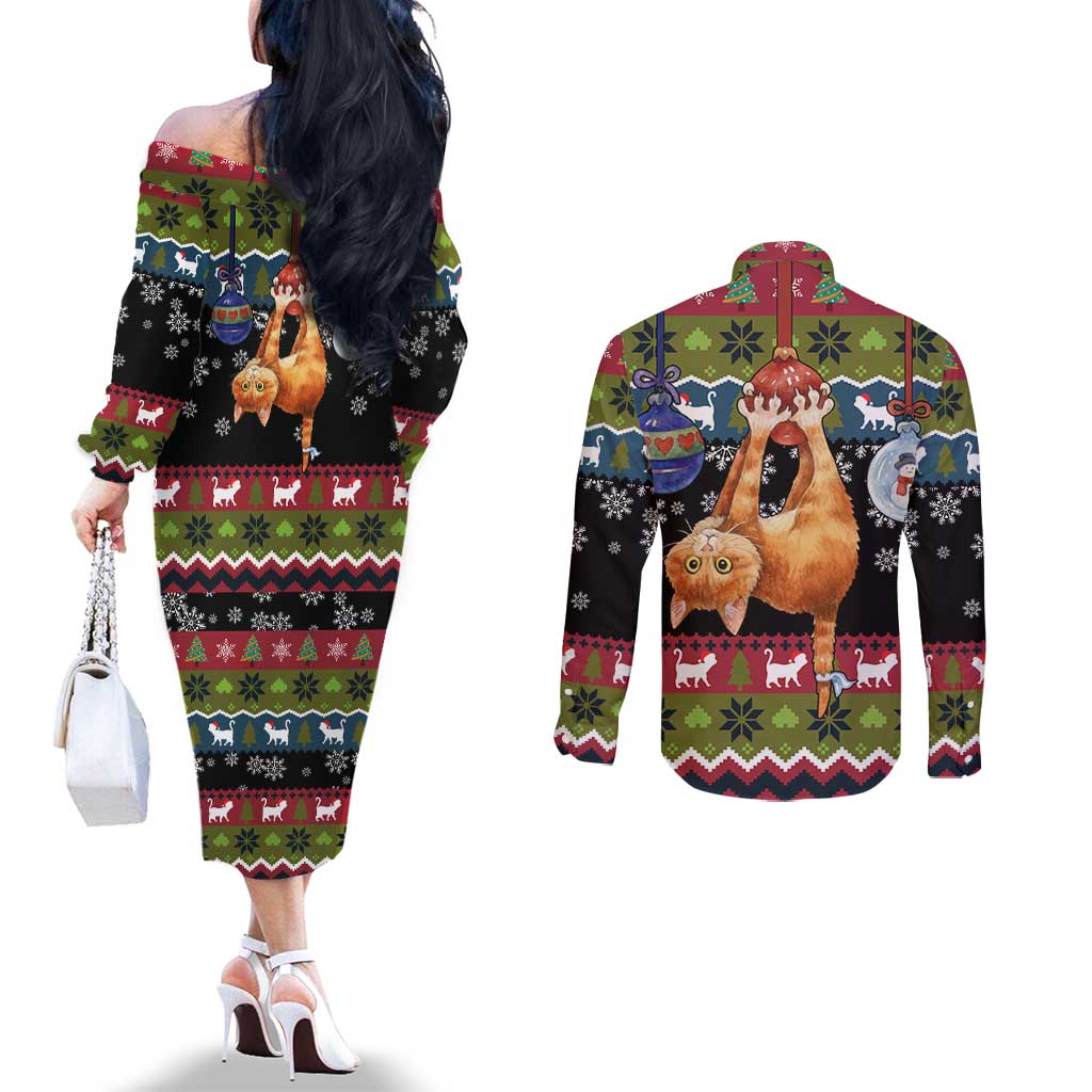 Cat Hanging on Xmas Tree Christmas Couples Matching Off The Shoulder Long Sleeve Dress and Long Sleeve Button Shirt Xmas Holiday Patterns - Wonder Print Shop