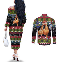 Cat Hanging on Xmas Tree Christmas Couples Matching Off The Shoulder Long Sleeve Dress and Long Sleeve Button Shirt Xmas Holiday Patterns - Wonder Print Shop