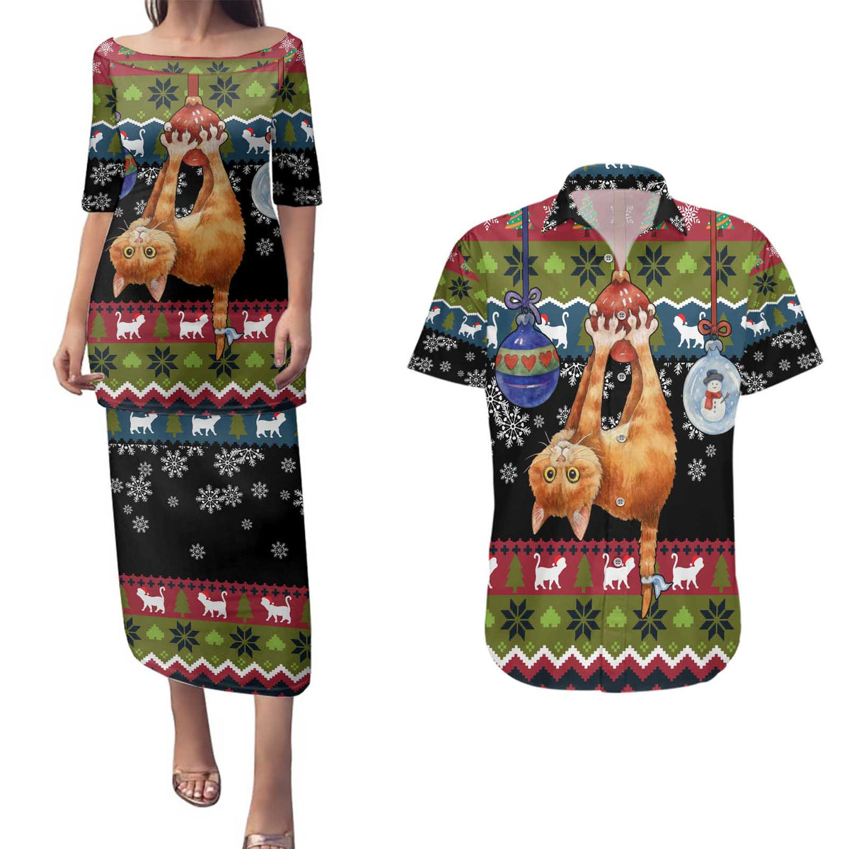 Cat Hanging on Xmas Tree Christmas Couples Matching Puletasi and Hawaiian Shirt Xmas Holiday Patterns - Wonder Print Shop