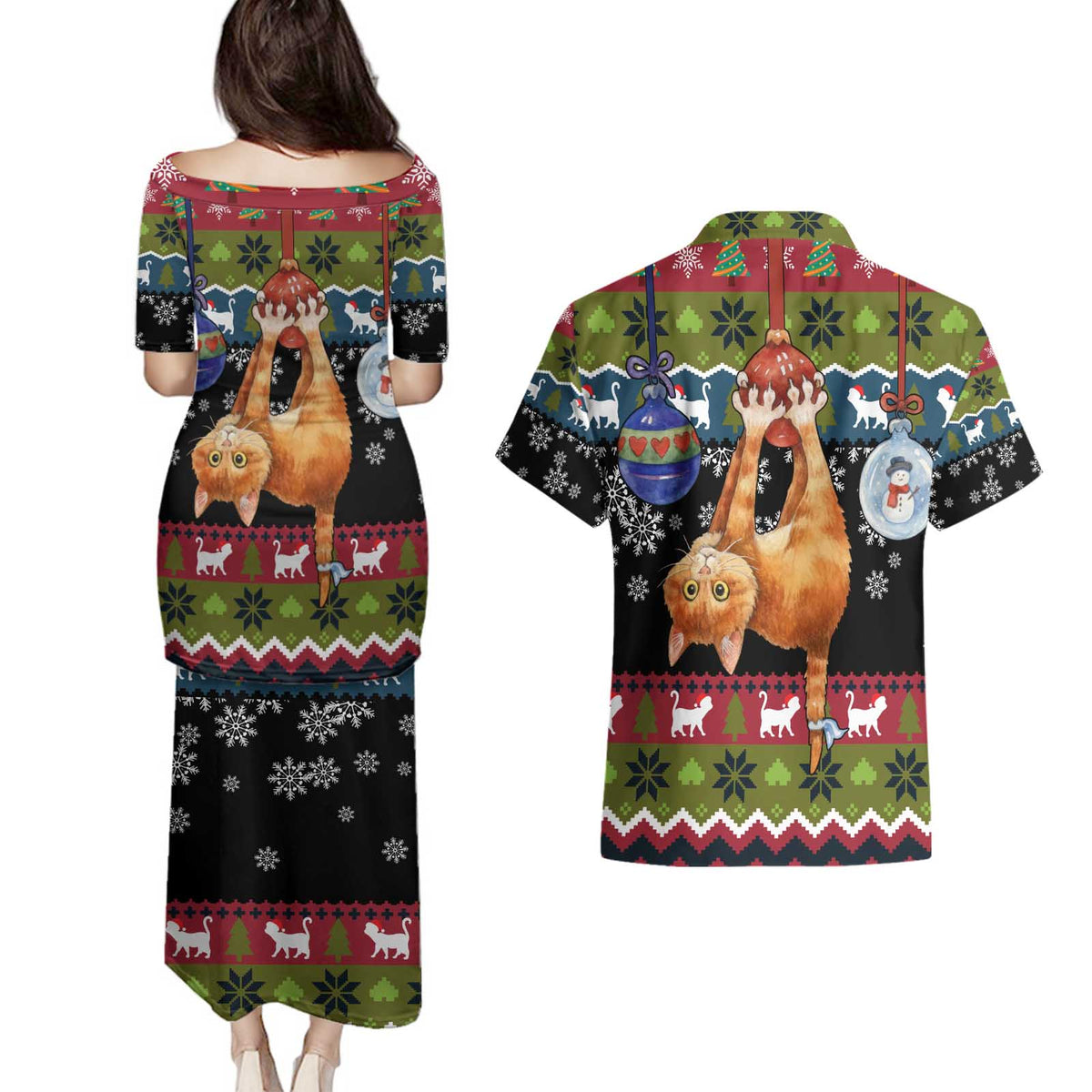 Cat Hanging on Xmas Tree Christmas Couples Matching Puletasi and Hawaiian Shirt Xmas Holiday Patterns - Wonder Print Shop