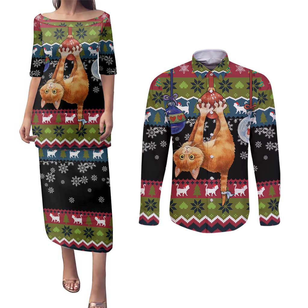 Cat Hanging on Xmas Tree Christmas Couples Matching Puletasi and Long Sleeve Button Shirt Xmas Holiday Patterns - Wonder Print Shop