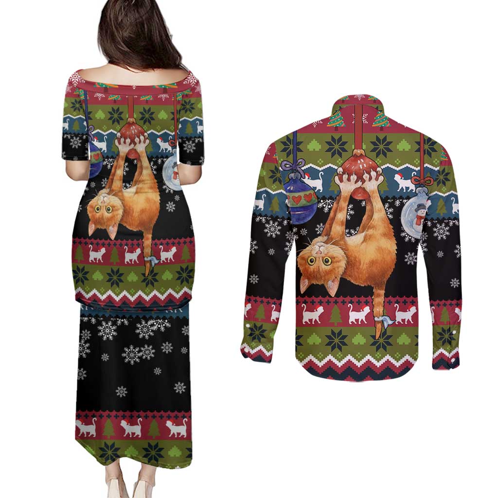 Cat Hanging on Xmas Tree Christmas Couples Matching Puletasi and Long Sleeve Button Shirt Xmas Holiday Patterns - Wonder Print Shop