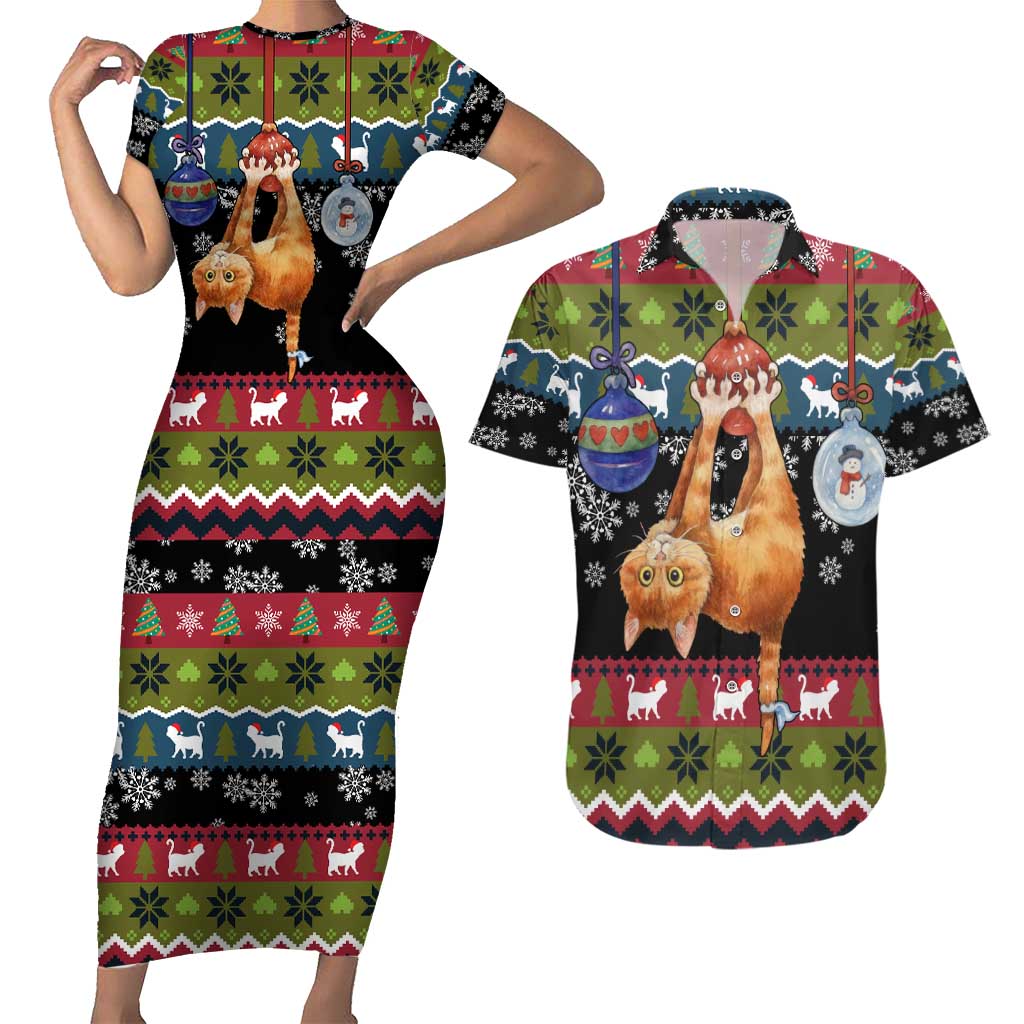 Cat Hanging on Xmas Tree Christmas Couples Matching Short Sleeve Bodycon Dress and Hawaiian Shirt Xmas Holiday Patterns - Wonder Print Shop