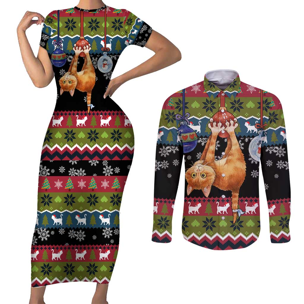 Cat Hanging on Xmas Tree Christmas Couples Matching Short Sleeve Bodycon Dress and Long Sleeve Button Shirt Xmas Holiday Patterns - Wonder Print Shop