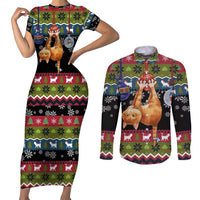 Cat Hanging on Xmas Tree Christmas Couples Matching Short Sleeve Bodycon Dress and Long Sleeve Button Shirt Xmas Holiday Patterns - Wonder Print Shop