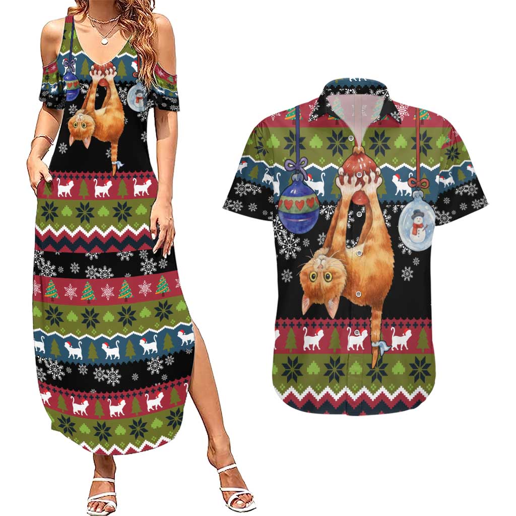 Cat Hanging on Xmas Tree Christmas Couples Matching Summer Maxi Dress and Hawaiian Shirt Xmas Holiday Patterns - Wonder Print Shop
