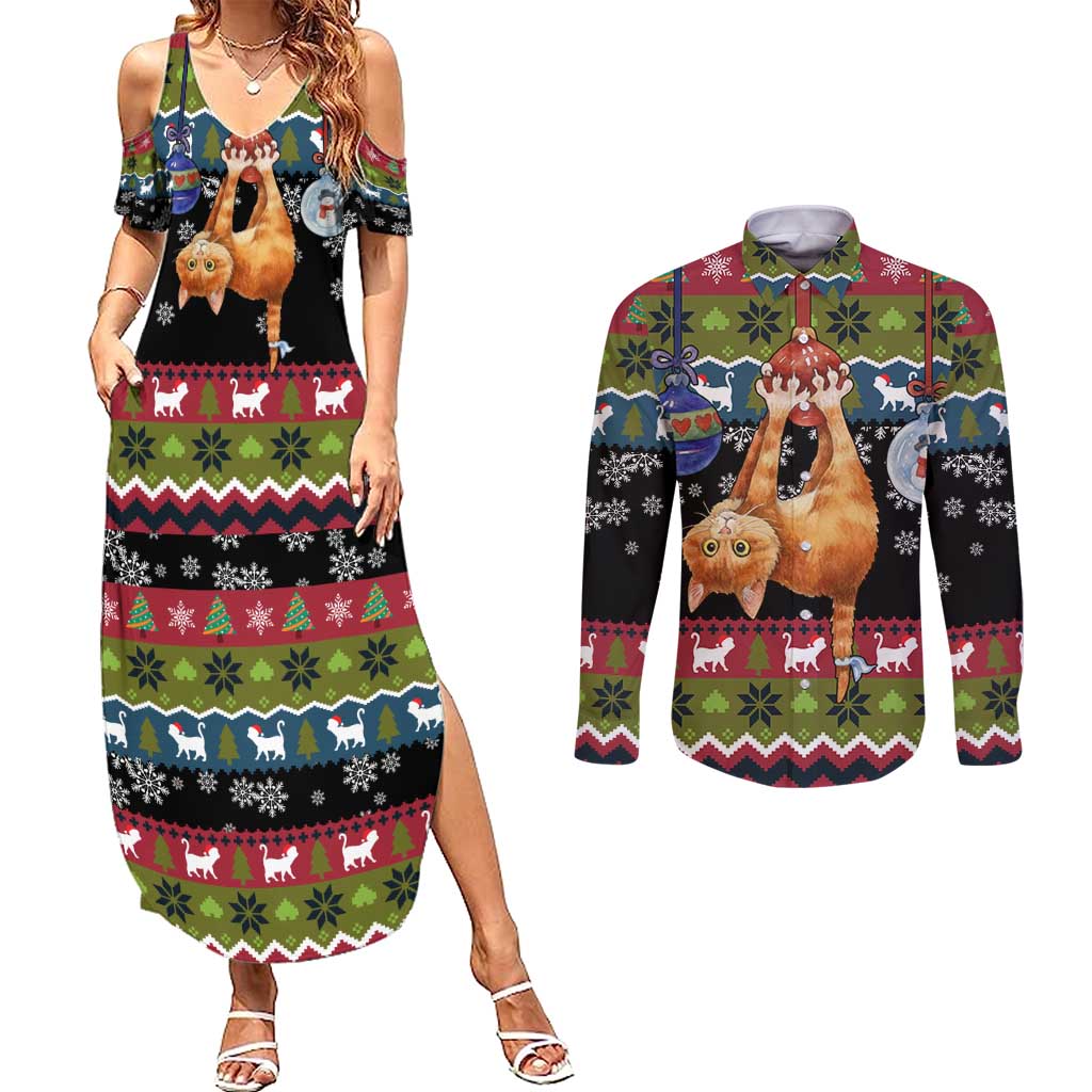 Cat Hanging on Xmas Tree Christmas Couples Matching Summer Maxi Dress and Long Sleeve Button Shirt Xmas Holiday Patterns - Wonder Print Shop